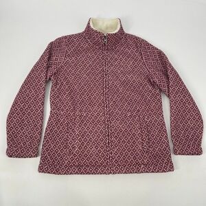 L.L. Bean Jacket Womens M Petite Red White Geometric Fleece Lined Full Zip